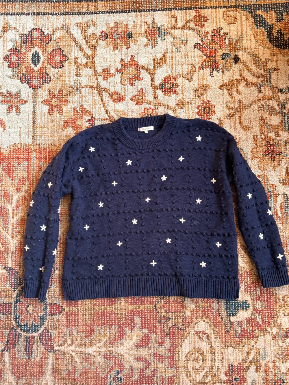 Madewell Embroidered Pointelle Crewneck Sweater Navy Blue Size L